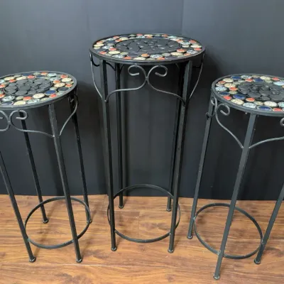 Trio of Mosaic Top Metal Plant Stands or Accent Tables