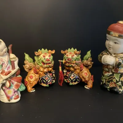 Set of 4 Asian Ceramic Good Fortune Figures & Foo Dogs