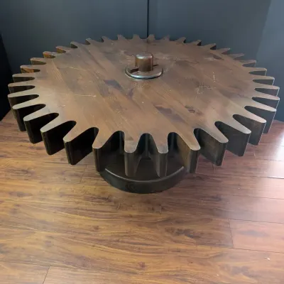 Vintage Gear Shaped Wood Coffee Table with Pedestal Base