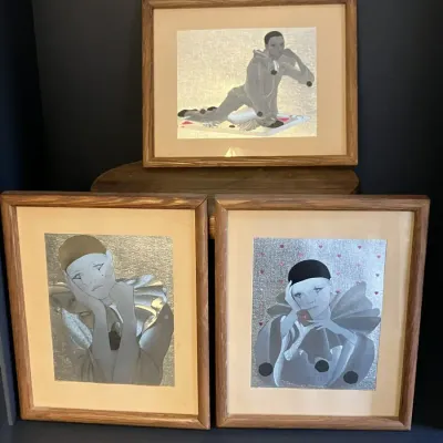 Set of 3 Framed Pierrot Clown Foil Art Pictures
