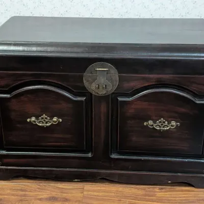 Asian Inspired Distressed Black and Red Wood Storage Trunk with Brass Hardware