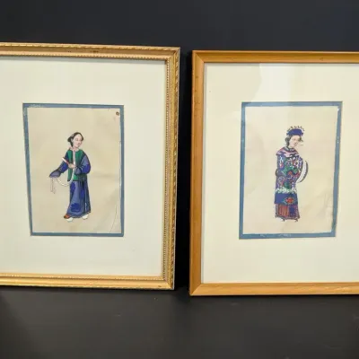 Pair of Framed Chinese Export Pith Paintings of Women