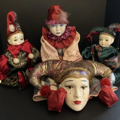 Collection of 4 Porcelain Jester & Clown Dolls with Wall Mask
