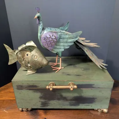 Green Patina Metal Peacock and Fish Decor with Decorative Storage Box