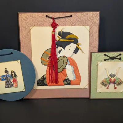 Vintage Japanese Textile Collage Wall Art Geisha Samurai Kabuto and Hina Dolls