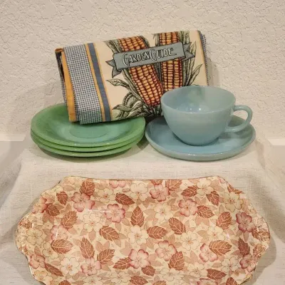Vintage Kitchen - Fire King Ware Cups, Saucers & Apron