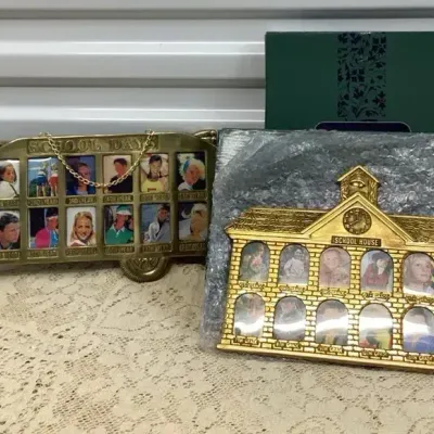 One Gold Tone Metal School Bus And Two School House Frames
