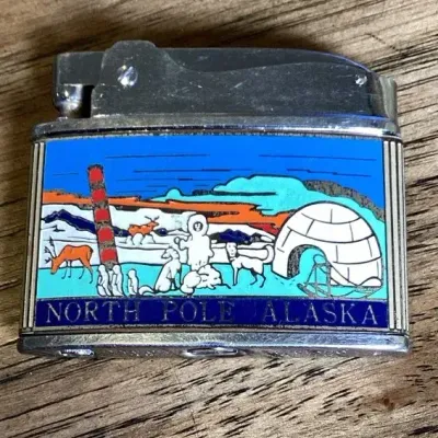 Vintage Metal Lighter With Enamel Decoration Depicting North Pole. Alaska 