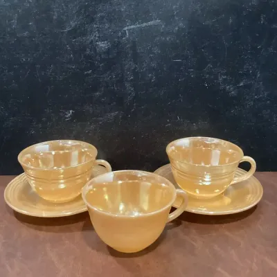 Vintage Fire King Peach Luster Ribbed Tea Cups And Saucers 