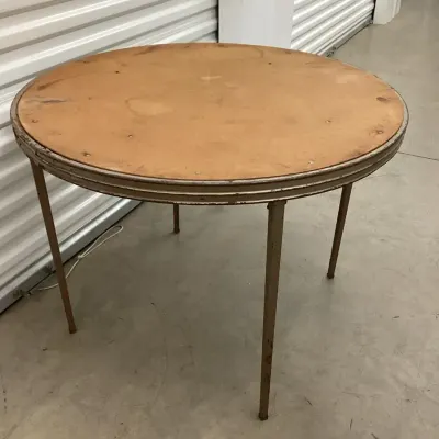 Vintage Round Folding Utility Table With Metal Trim And Legs.