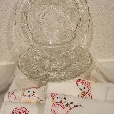 Vintage Entertainment Platters, Drinking Tumblers & Embroidered Towels