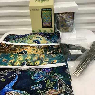 Four Peacock Pillowcases, Cracker Barrel Lantern, Peacock Feathers And Four Placemats 