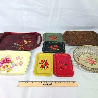 Sale Photo Thumbnail #91: Vintage Trays Made From Metal, Wood, And Bone China. Two From 'Occupied Japan', one From Germany