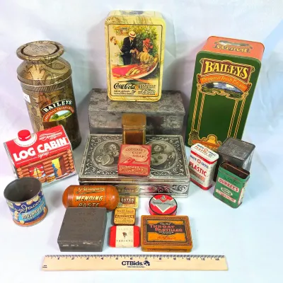 Sale Photo Thumbnail #12: Assortment Of Antique Or Vintage Collectible Tins. Bailey's, Trojan, Colgate, Coca-Cola, Logan Cabin