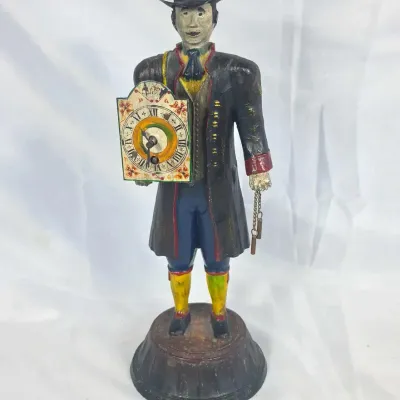 Sale Photo Thumbnail #38: Dutch Painted Metal Figural Clock "Clock Peddler" Antique 