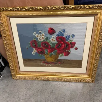 Sale Photo Thumbnail #124: Vintage Framed Needlepoint Artwork- Red Poppies 43.5 x 36.5 Glass Covered