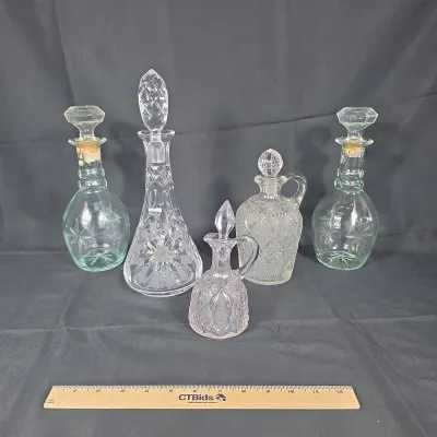 Sale Photo Thumbnail #23: Decanters! Vtg Liquor Bottles, Tall Crystal Decanter, Medium Glass Decanter, Cruet Pink Hue
