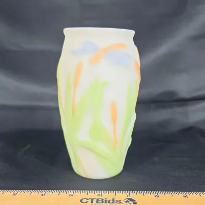 Sale Photo Thumbnail #41: Martelé" Line Dragonfly and Cattail Satin Glass Vase by the Phoenix Consolidate