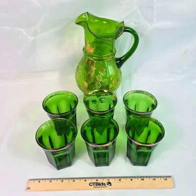 Sale Photo Thumbnail #54: Antique Victorian Style Hand-blown Green Glass Picture With Painted Flowers. Includes 6 Glasses