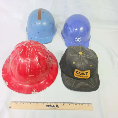Sale Photo Thumbnail #98: 3 Vintage Hard Hats, One With Full Brim, One Vintage Cat Diesel Power Baseball Cap 