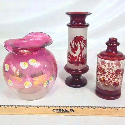 Sale Photo Thumbnail #114: Ruby Red Frosted Vase, Antique Hand Painted Bid Vase, Hand Enameled Cranberry Glass Vase