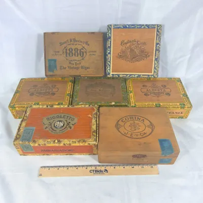 Sale Photo Thumbnail #55: Cigar Boxes! Wooden Antique or Vintage 7 Boxes. Alberta, Rigoletto, Corina, 1886, & More