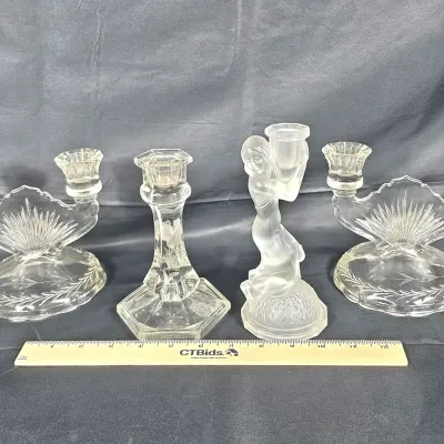 Sale Photo Thumbnail #56: Glass Art Deco Double Arm Candelabra Candle Holders, 1930 Deco Frosted, Etched Candlestick, 
