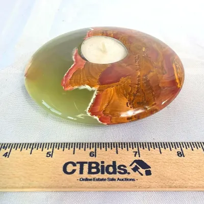 Sale Photo Thumbnail #111: Multi-Colored Onyx Stone Tea Light Candle Holder 5" Round 1" Thick