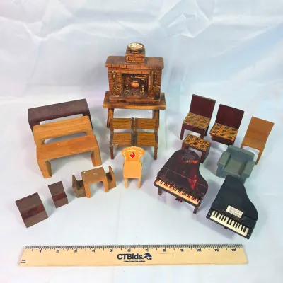 Sale Photo Thumbnail #50: Antique Or Vintage Wood & Plastic Doll Furniture. Two Pianos, 11 Chairs, Five Tables, One Fireplace