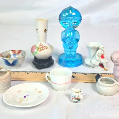 Sale Photo Thumbnail #112: Baby with Pot, Carnival Glass Kewpie, Mini Asian Pottery, Vtg Toothpick Holder, Miniature Items