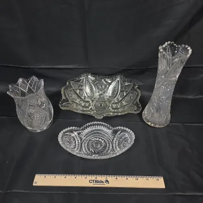 Sale Photo Thumbnail #119: Vintage Clear Pressed Glass And Crystal Vases, Relish Tray, And Serving Bowl 