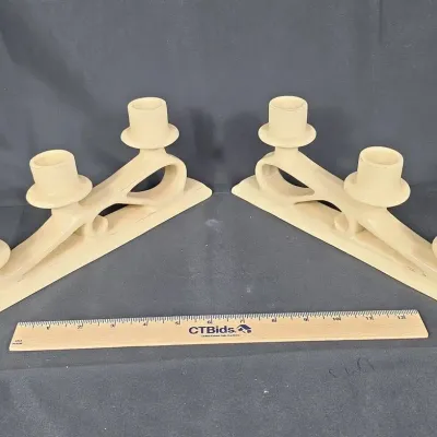Sale Photo Thumbnail #26: Early Catalina Island Pottery Pearl White Triple Candlestick Holders Pair 