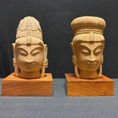 Tozia Home Made In India Sandstone Goddes Head Sculptures & Wooden Base
