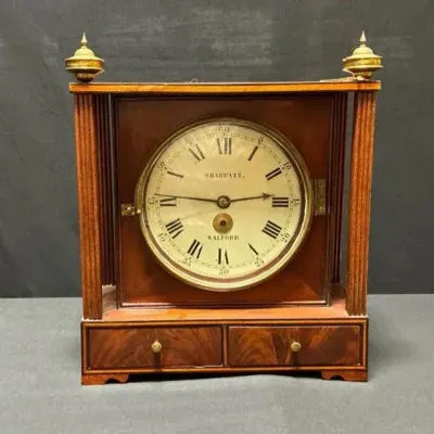 English Fuzee Movement Mantle Clock With Mahogany Case & Key