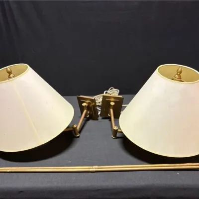 Brass Wall Lamps Pair With Cord Sleeves & Lamp Shades