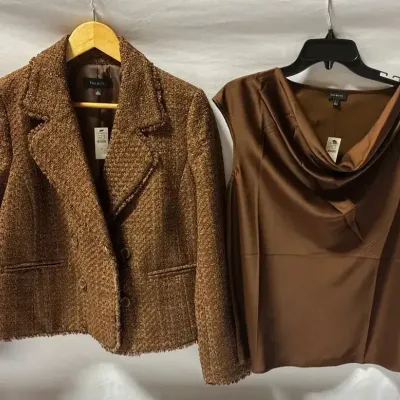 Talbots Brown Fringed Tweed Jacket And Satin Cowl Top - Size 6/Small - New With Tags