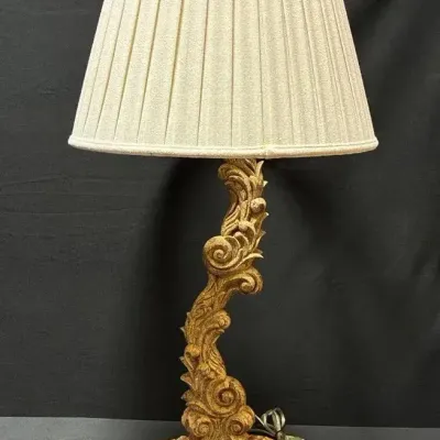 Vintage Carved Wood Table Lamp Dramatic Rococo-Style Scroll & Acanthus Leaf Design W/ Pleated Shade
