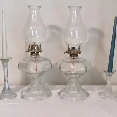 Vintage (Early American Pattern Glass) Clear Glass Kerosene Oil Lamps & Glass Candle Holders 