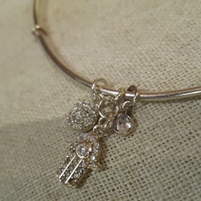 925 Sterling silver Hamas hand & crystals dangling charms slide bangle bracelet