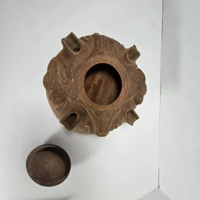 Sale Photo Thumbnail #49: Vintage hand carved wooden Grole, made from mahogany with an elaborate organic floral design. There are five carved outlets about the perimeter allowing various people to drink from the vessel. This would also make a nice potpourri holder, or for other sc