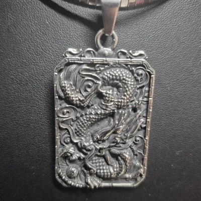 Exquisite Old Chinese tibet silver handcarved Dragon Pendant necklace & Onyx Earrings