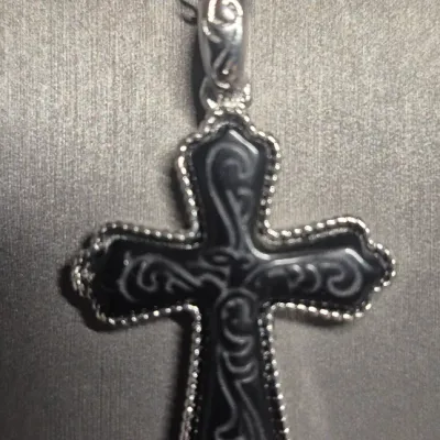Sale Photo Thumbnail #22: Set 4 Onyx and silver Cross / Bracelet / Ring / Earrings 
all pieces have Onyx inlays, silver tone and rhodium finish.
New as found, excellent condition
Ring size 8   Earrings j-hook pierced