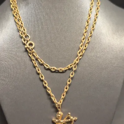 Sale Photo Thumbnail #24: Sagittarius Necklace solid gold-plated Double sided & Krementz USA Brooch
Necklace is SOLID 2 sided pendant on a chain link w/lobster clasp
Brooch is marked Krementz USA and pin perfect.......2" long