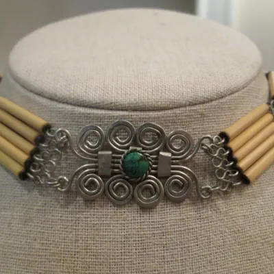 Peruvian Chocker Necklace Turquoise Stone, alpaca silver & Bamboo Handcrafted