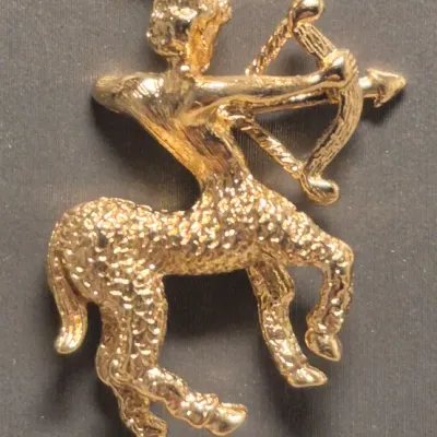 Sale Photo Thumbnail #25: Sagittarius Necklace solid gold-plated Double sided & Krementz USA Brooch
Necklace is SOLID 2 sided pendant on a chain link w/lobster clasp
Brooch is marked Krementz USA and pin perfect.......2" long