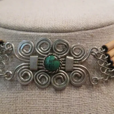 Peruvian Chocker Necklace Turquoise Stone, alpaca silver & Bamboo Handcrafted