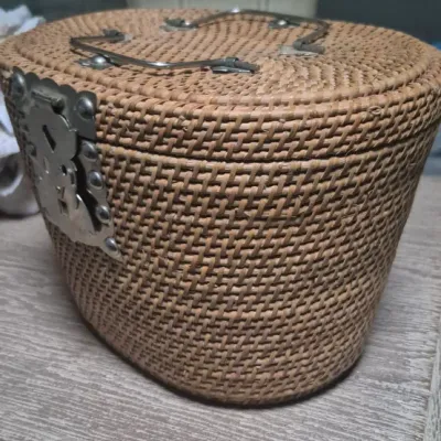 70's Woven Straw Handbag ~ converted original tea caddy