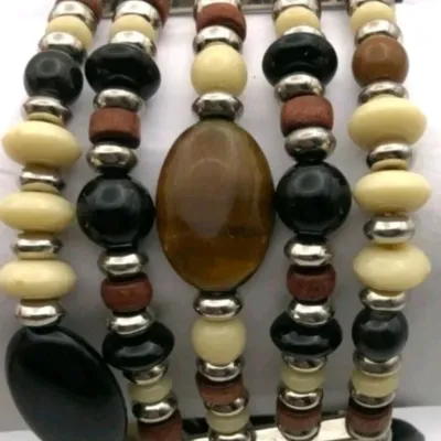 Vintage Designer Bracelet Ralph Lauren CHAPS Tigers Eye Onyx Gemstone Stretch