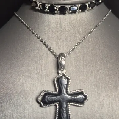 Sale Photo Thumbnail #21: Set 4 Onyx and silver Cross / Bracelet / Ring / Earrings 
all pieces have Onyx inlays, silver tone and rhodium finish.
New as found, excellent condition
Ring size 8   Earrings j-hook pierced