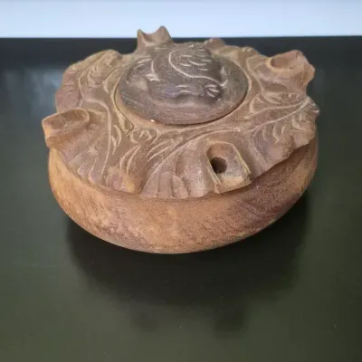 Sale Photo Thumbnail #46: Vintage hand carved wooden Grole, made from mahogany with an elaborate organic floral design. There are five carved outlets about the perimeter allowing various people to drink from the vessel. This would also make a nice potpourri holder, or for other sc